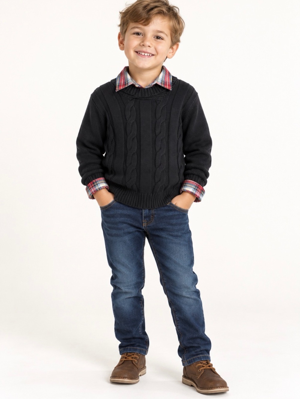 GAP Kids Black Cable-Knit Sweater with Red Plaid Long-Sleeve